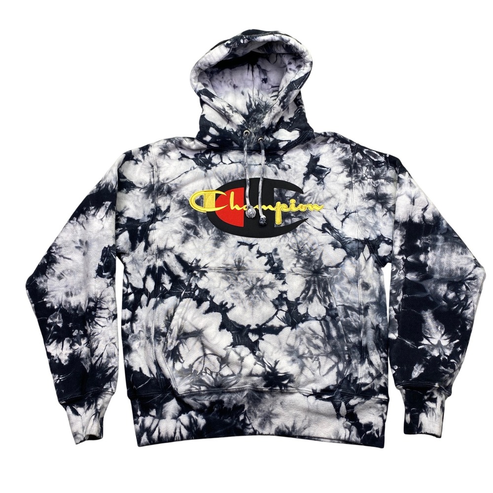 Champion Tie Dye Reverse Weave Hoodie‎ Sweatshirt Black White Gray Small